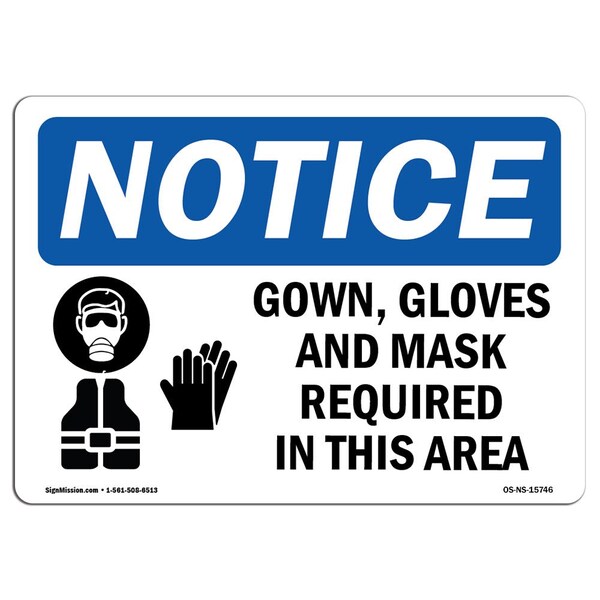 Signmission OSHA Sign, Gown And Mask Required, 14in X 10in Peel And Stick Wall Graphic, 14" W, 10" H, Landscape OS-NS-RD-1014-L-15745 - main